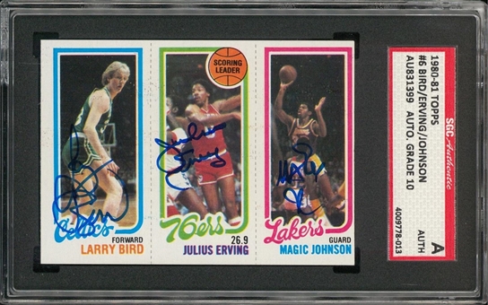 1980-81 Topps Larry Bird, Julius Erving and Magic Johnson Rookie Card – Signed by All Three Hall of Famers – SGC GEM MT 10 Signatures!